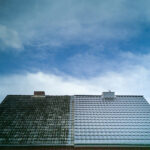 front house roof view with one side cleaned and one side dirty tallahassee fl roof cleaning